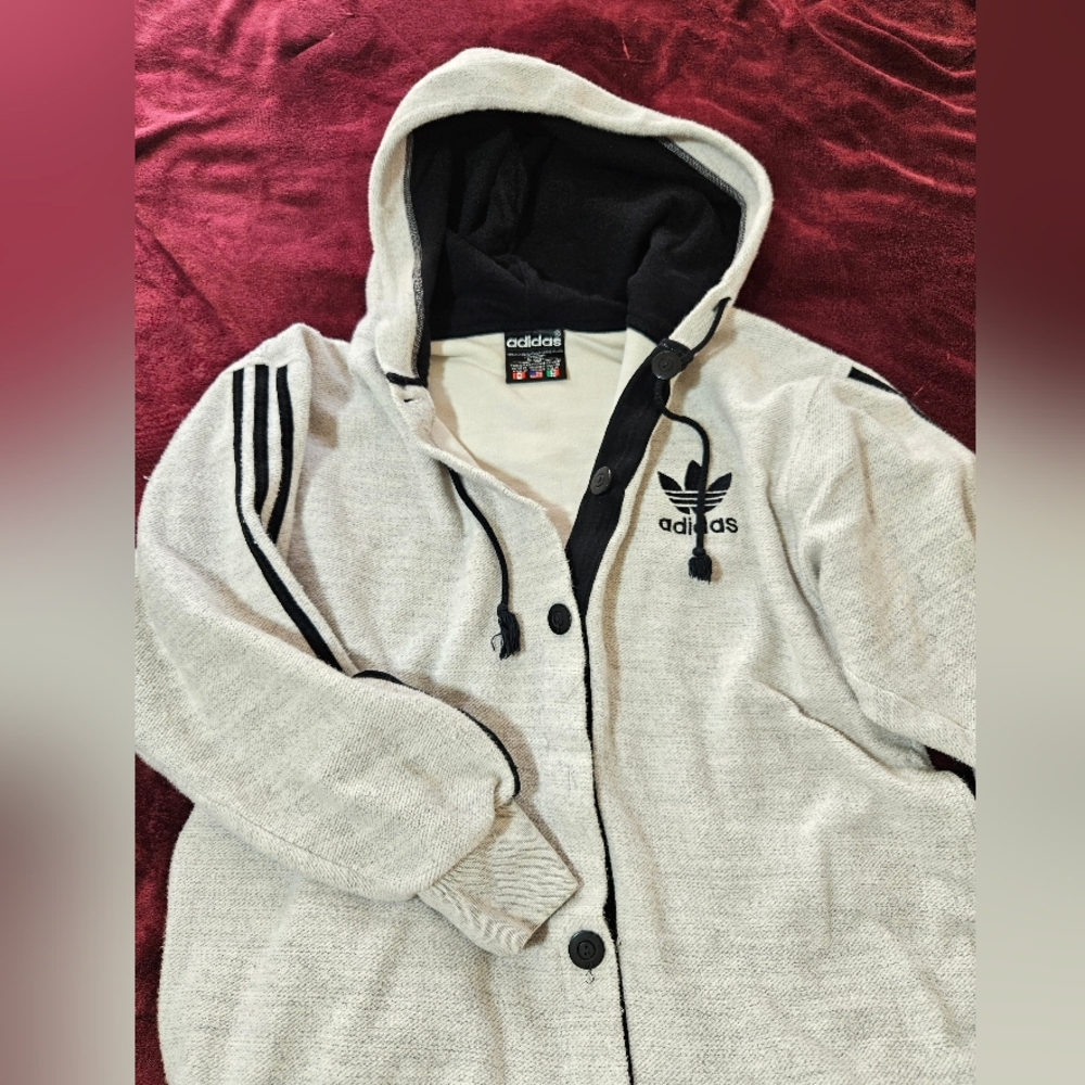 1990s Adidas Vintage Cardigan Hoodie Sweater Jacket Gray Button Up Mens M *Flaw - Picture 2 of 13